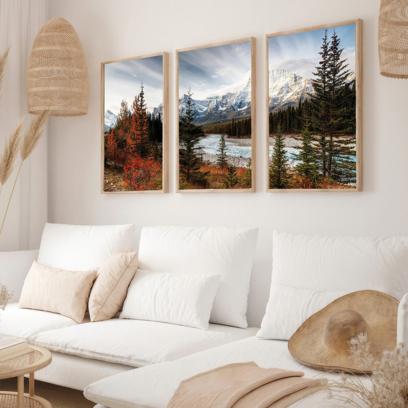 LuxuryStroke's Nature Painting Landscape, Acrylic Landscape Paintingand Landscape Art - Landscape Art - Autumn Forest, Snow Capped Mountains & A River - Set of 3