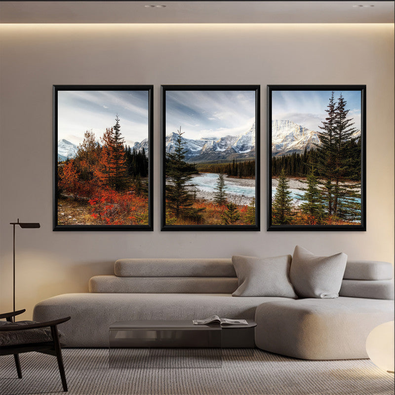 LuxuryStroke's Nature Painting Landscape, Acrylic Landscape Paintingand Landscape Art - Landscape Art - Autumn Forest, Snow Capped Mountains & A River - Set of 3