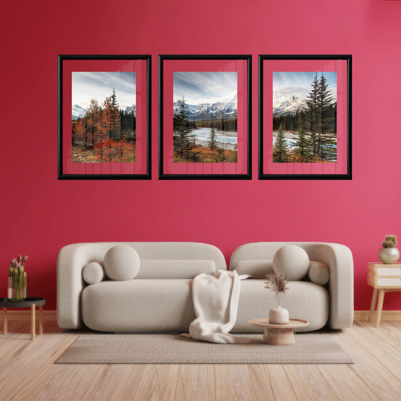 LuxuryStroke's Nature Painting Landscape, Acrylic Landscape Paintingand Landscape Art - Landscape Art - Autumn Forest, Snow Capped Mountains & A River - Set of 3