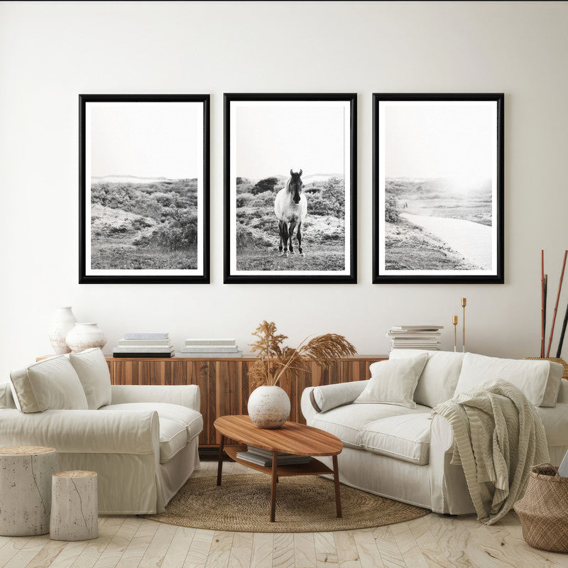 LuxuryStroke's Black & White Arts Horse Painting, Aesthetic Black And White Artand White Black Abstract Art - Horse In The Wild - Monochrome Paintings - Set Of 3