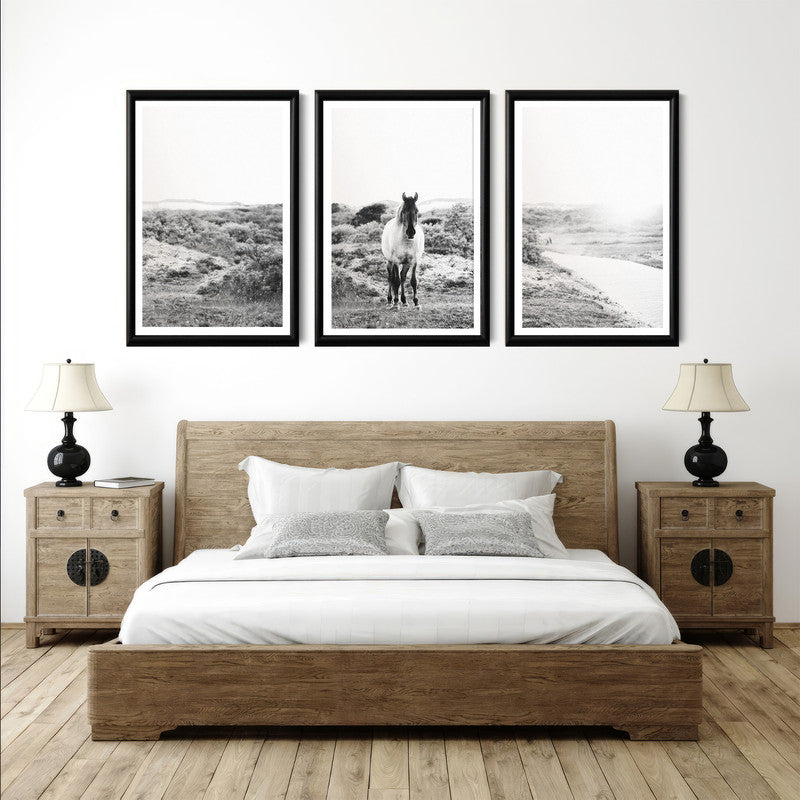 LuxuryStroke's Black & White Arts Horse Painting, Aesthetic Black And White Artand White Black Abstract Art - Horse In The Wild - Monochrome Paintings - Set Of 3