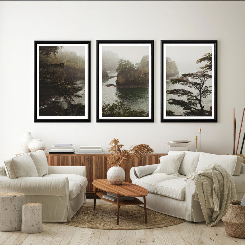 LuxuryStroke's Nature Painting Landscape, Beautiful Landscape Artand Landscape Painting Artwork - Landscape Art - Riverside Forest In Fog & Mist - Set Of 3 Paintings