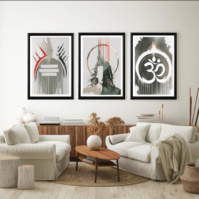 LuxuryStroke's Lord Shiva Paintings , Lord Shiva Art Paintingsand Lord Shiva Paintigs - Shiva Spiritual Paintings - Set Of 3 Spiritual Art Paintings Featuring Shiva, Shiv Ling And Om