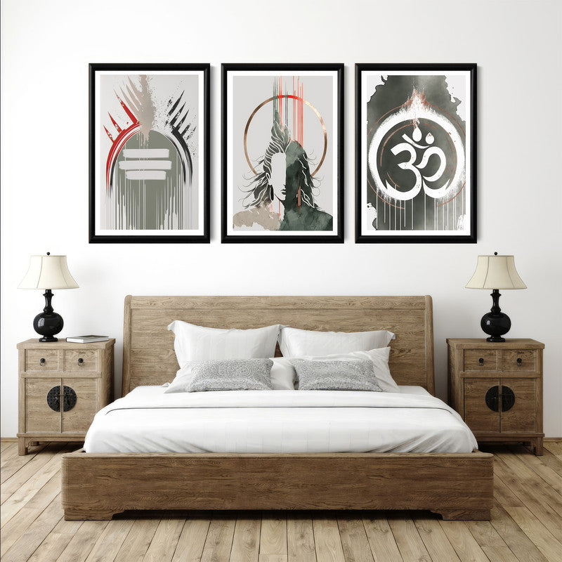 LuxuryStroke's Lord Shiva Paintings , Lord Shiva Art Paintingsand Lord Shiva Paintigs - Shiva Spiritual Paintings - Set Of 3 Spiritual Art Paintings Featuring Shiva, Shiv Ling And Om