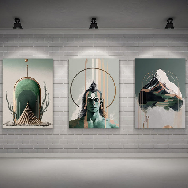 LuxuryStroke's Lord Shiva Paintings , Lord Shiva Art Paintingsand Lord Shiva Paintigs - Shiva Spiritual Paintings - Set Of 3 Spiritual Art Paintings Featuring Shiva, Shiv Ling And Kailash Parvat
