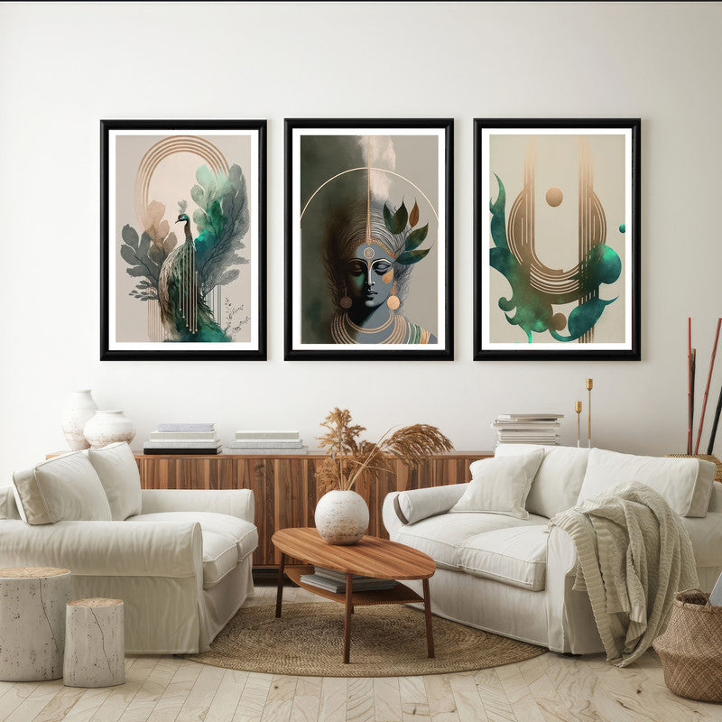 LuxuryStroke's Krishna Art Painting, Radha Krishna Abstract Paintingand Abstract Painting Of Radha Krishna - Krishna's Spiritual Art : Set Of 3 Paintings
