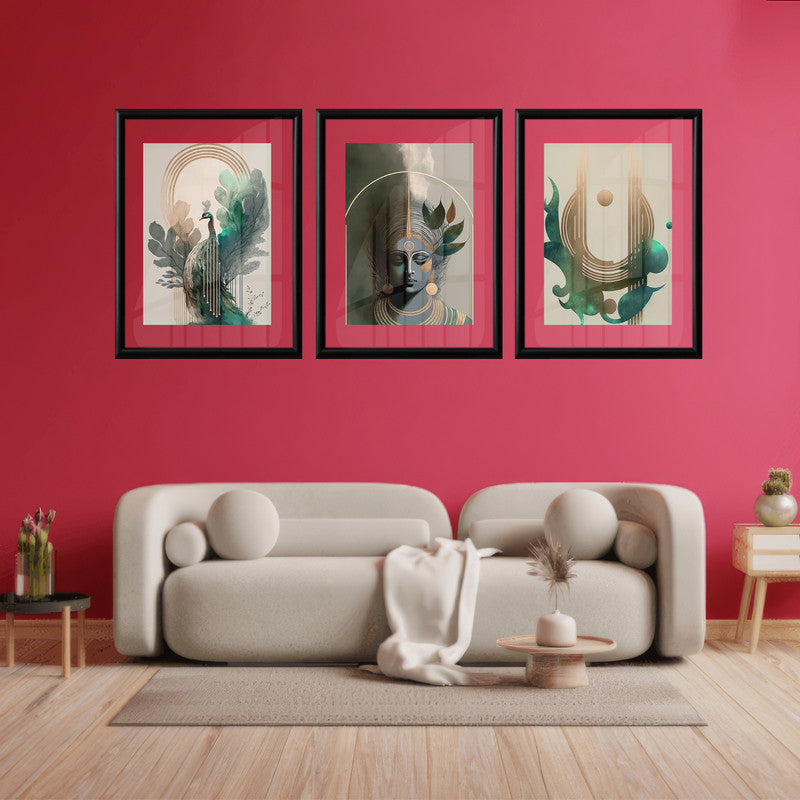 LuxuryStroke's Krishna Art Painting, Radha Krishna Abstract Paintingand Abstract Painting Of Radha Krishna - Krishna's Spiritual Art : Set Of 3 Paintings