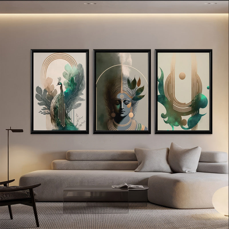 LuxuryStroke's Krishna Art Painting, Radha Krishna Abstract Paintingand Abstract Painting Of Radha Krishna - Krishna's Spiritual Art : Set Of 3 Paintings
