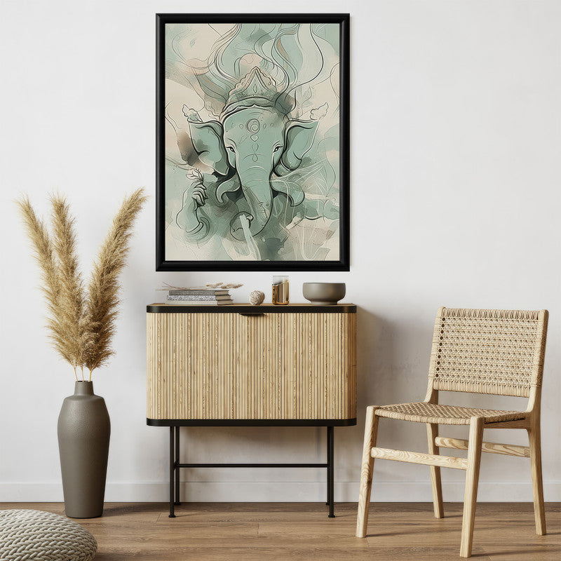 LuxuryStroke's Creative Ganesha Painting, Modern Art Of Ganpatiand Modern Ganesha Acrylic Painting - Ganesha's Serene Blessings: Spiritual Art In Light Green Hues