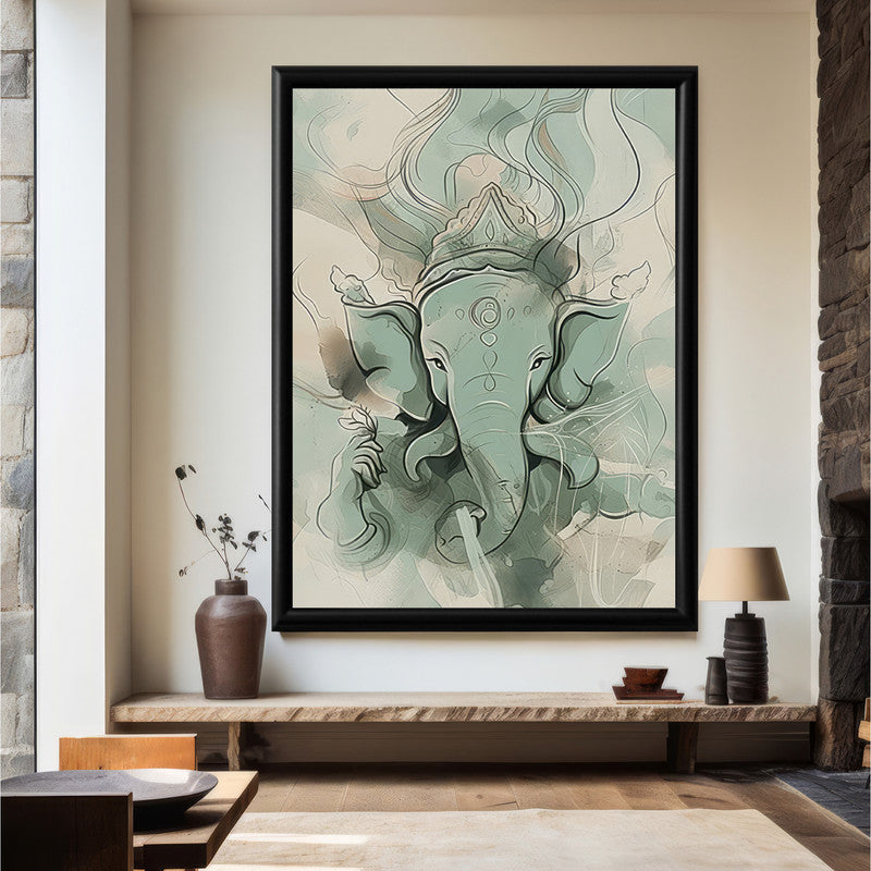 LuxuryStroke's Creative Ganesha Painting, Modern Art Of Ganpatiand Modern Ganesha Acrylic Painting - Ganesha's Serene Blessings: Spiritual Art In Light Green Hues