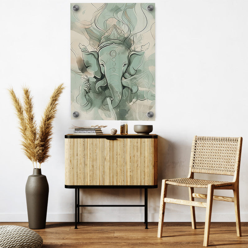 LuxuryStroke's Creative Ganesha Painting, Modern Art Of Ganpatiand Modern Ganesha Acrylic Painting - Ganesha's Serene Blessings: Spiritual Art In Light Green Hues