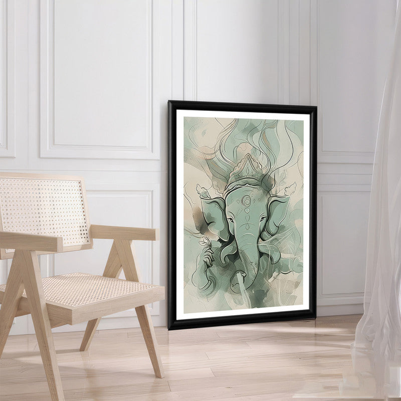 LuxuryStroke's Creative Ganesha Painting, Modern Art Of Ganpatiand Modern Ganesha Acrylic Painting - Ganesha's Serene Blessings: Spiritual Art In Light Green Hues