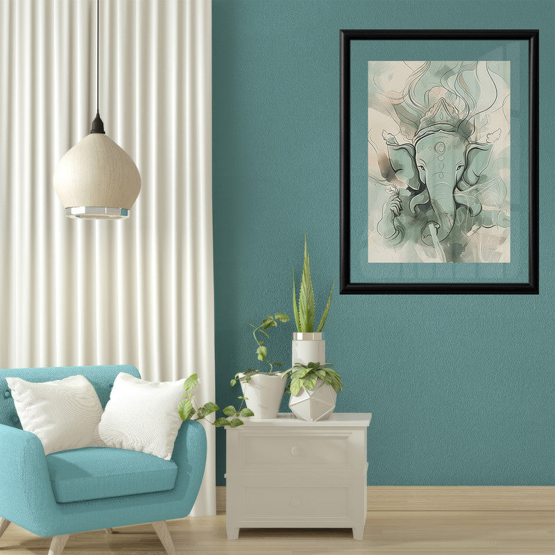 LuxuryStroke's Creative Ganesha Painting, Modern Art Of Ganpatiand Modern Ganesha Acrylic Painting - Ganesha's Serene Blessings: Spiritual Art In Light Green Hues