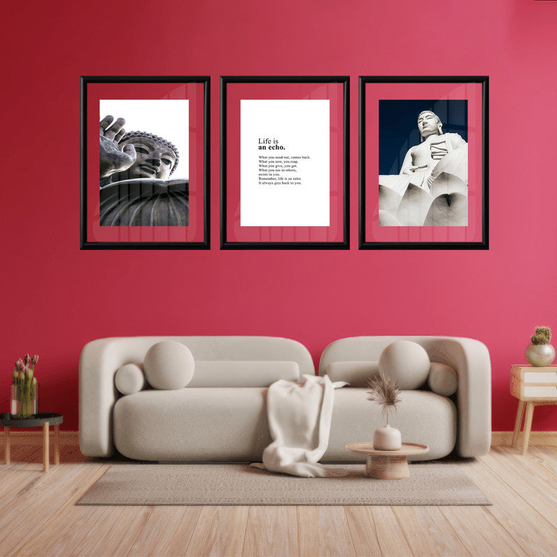 LuxuryStroke's Buddha Face Painting, Buddha Abstract Artand Buddha Face Acrylic Painting - Buddha Paintings - Two Buddha Images And An Inspiring Quote - Set Of 3 Paintings