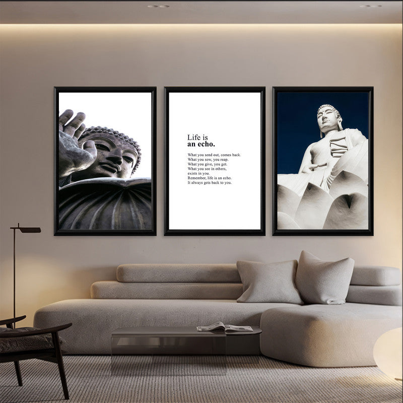 LuxuryStroke's Buddha Face Painting, Buddha Abstract Artand Buddha Face Acrylic Painting - Buddha Paintings - Two Buddha Images And An Inspiring Quote - Set Of 3 Paintings