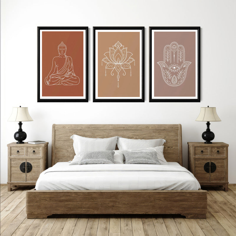 LuxuryStroke's Buddha Paintings For Living Room, Indian Spiritual Paintingsand Spiritual Framed Wall Art - Spiritual Art - buddha, Kamal Flower And Hamsa