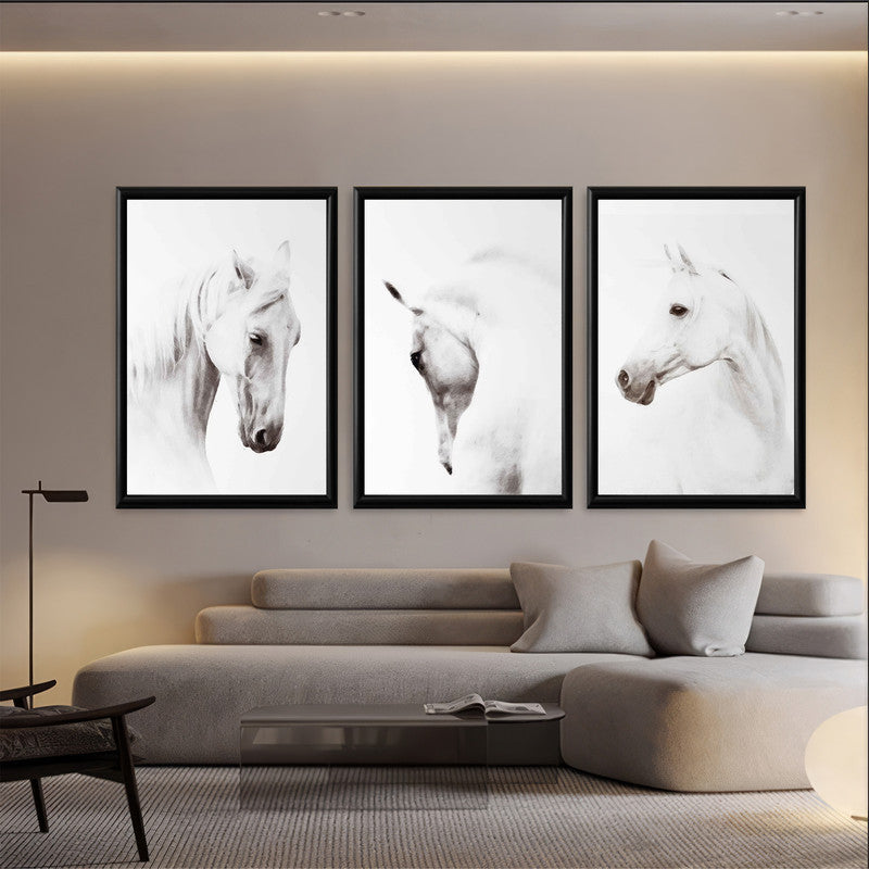 LuxuryStroke's White Horse Art Painting, Horse White Art Paintingand Abstract Animal Paintings - Horse Paintings - Three Horses In Artful Harmony - Set Of 3 Paintings