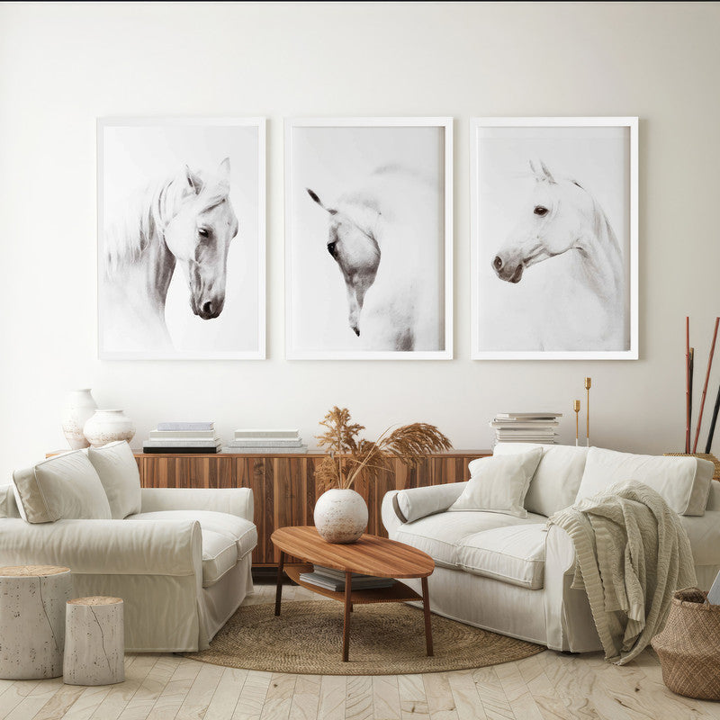 LuxuryStroke's White Horse Art Painting, Horse White Art Paintingand Abstract Animal Paintings - Horse Paintings - Three Horses In Artful Harmony - Set Of 3 Paintings