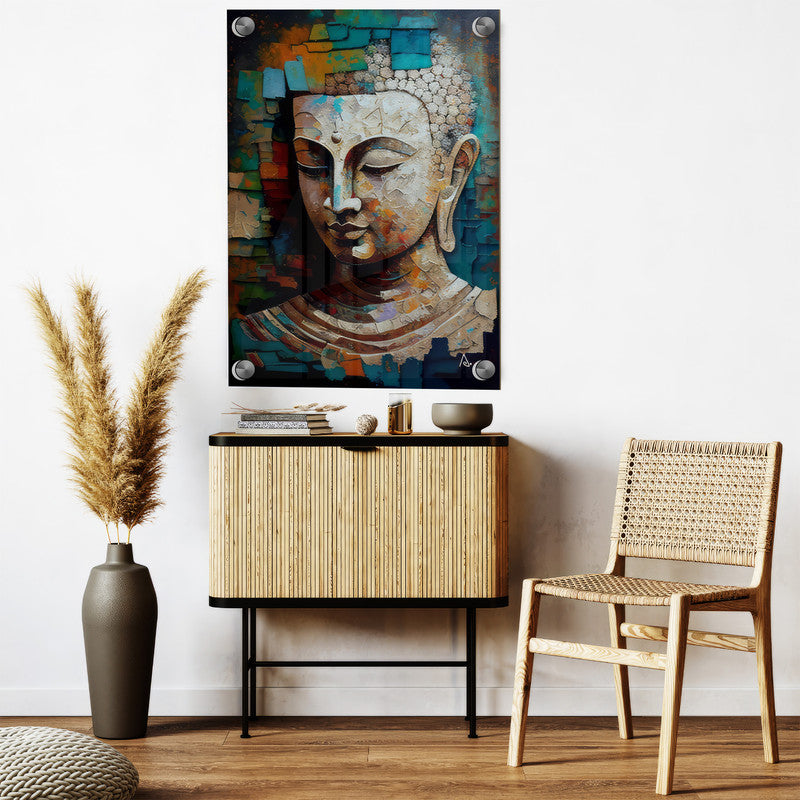 LuxuryStroke's Buddha Face Painting, Buddha Face Acrylic Paintingand Buddha Paintings For Living Room - Vibrant Buddha: A Spectrum Of Spiritual Artistry