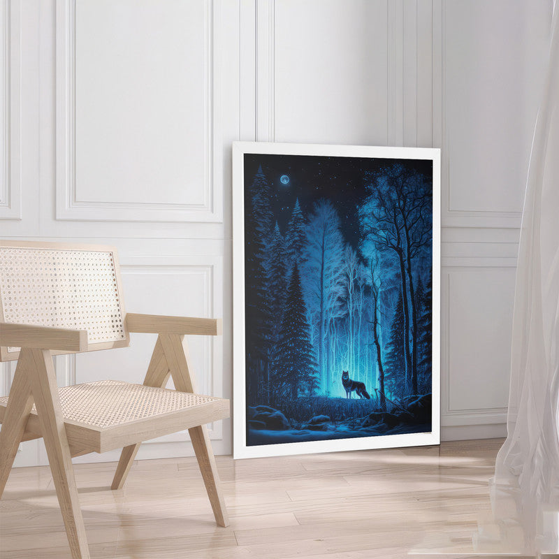 LuxuryStroke's Minimalistic Landscape Art, Acrylic Scenery Paintingand Landscape Art Watercolor - Mystical Forest Nocturne: A Lone Wolf's Silent Vigil