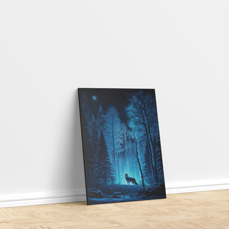 LuxuryStroke's Minimalistic Landscape Art, Acrylic Scenery Paintingand Landscape Art Watercolor - Mystical Forest Nocturne: A Lone Wolf's Silent Vigil