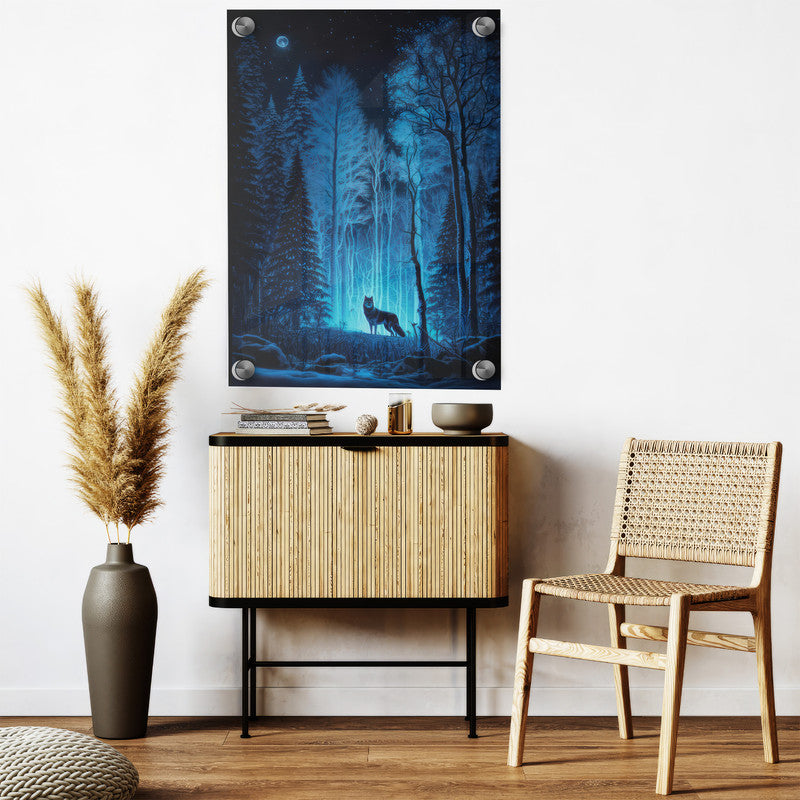 LuxuryStroke's Minimalistic Landscape Art, Acrylic Scenery Paintingand Landscape Art Watercolor - Mystical Forest Nocturne: A Lone Wolf's Silent Vigil