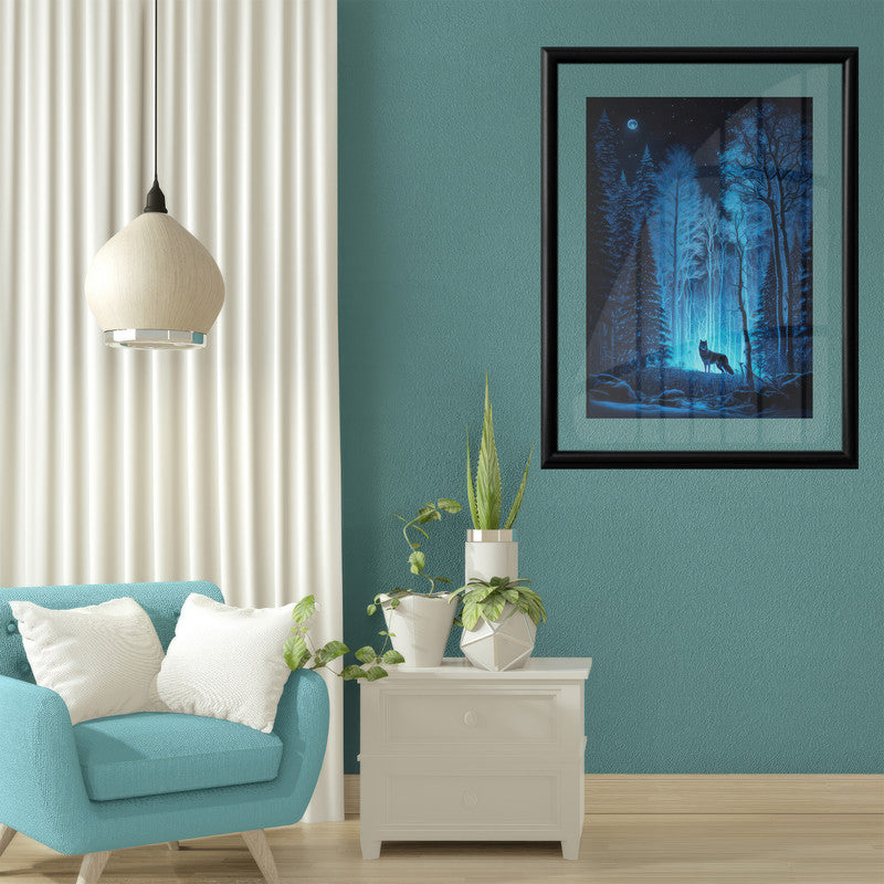 LuxuryStroke's Minimalistic Landscape Art, Acrylic Scenery Paintingand Landscape Art Watercolor - Mystical Forest Nocturne: A Lone Wolf's Silent Vigil