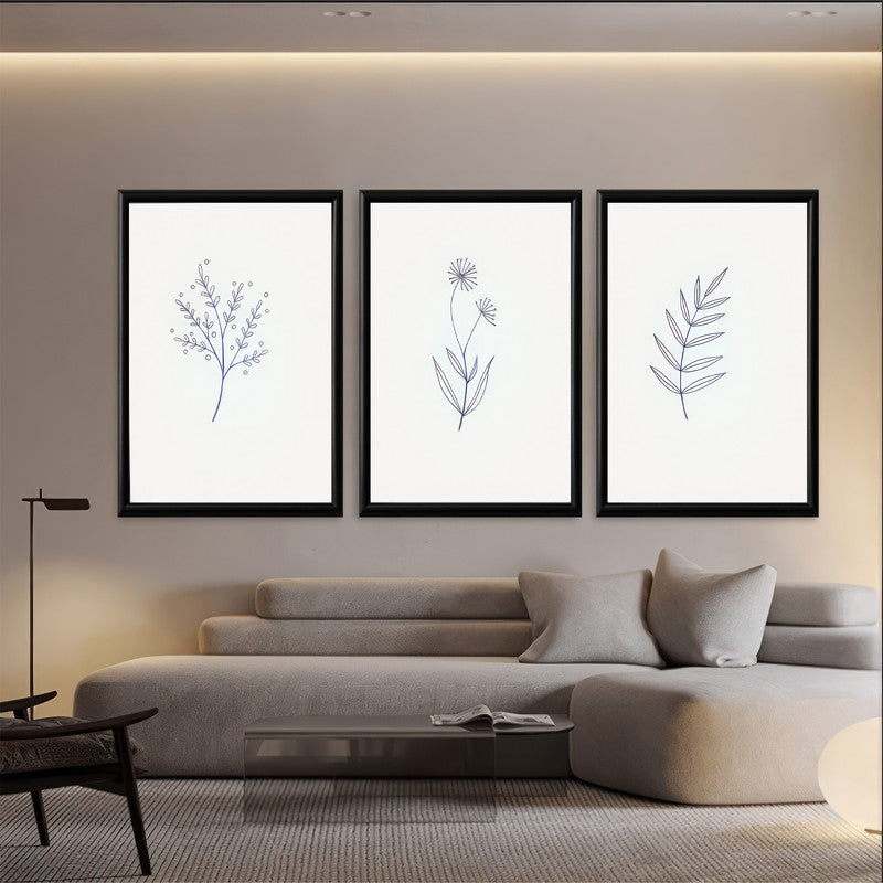 LuxuryStroke's Beautiful Flower Painting, Minimalistic Beautiful Floral Paintingand Floral Painting - Botanical Art - Set of 3 Minimalistic Leaves Art Paintings