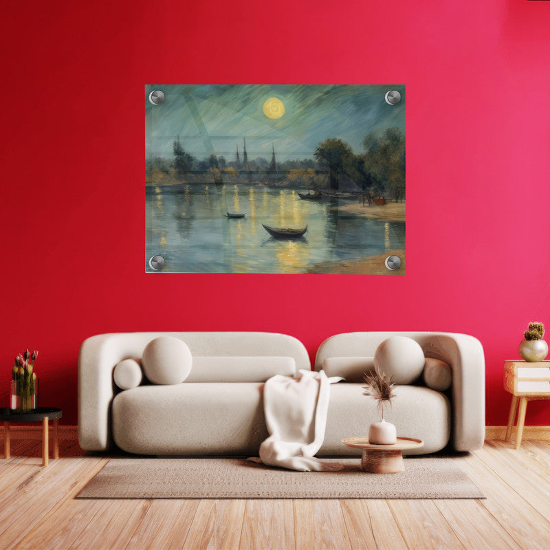 LuxuryStroke's Acrylic Scenery Painting, Landscape Artand Acrylic Landscape Painting - Boats On A River Bank