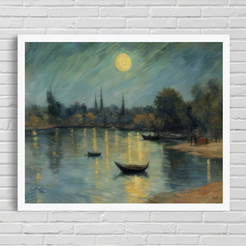 LuxuryStroke's Acrylic Scenery Painting, Landscape Artand Acrylic Landscape Painting - Boats On A River Bank
