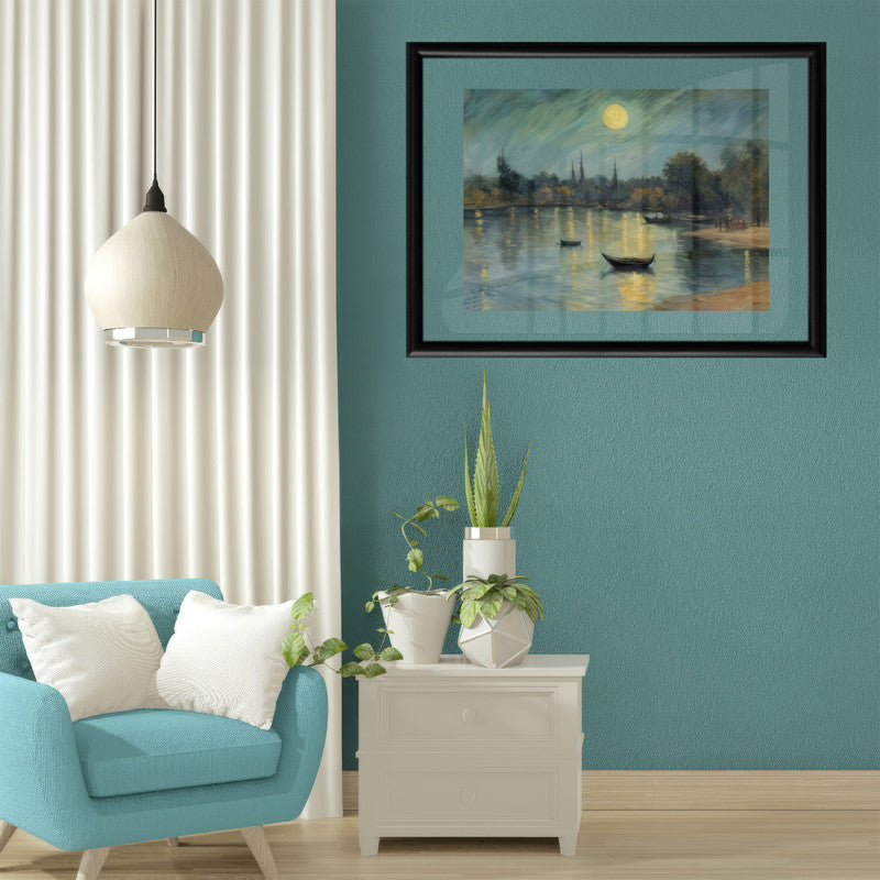 LuxuryStroke's Acrylic Scenery Painting, Landscape Artand Acrylic Landscape Painting - Boats On A River Bank