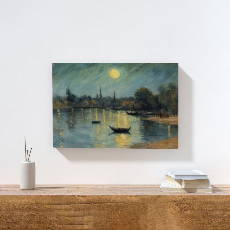 LuxuryStroke's Acrylic Scenery Painting, Landscape Artand Acrylic Landscape Painting - Boats On A River Bank