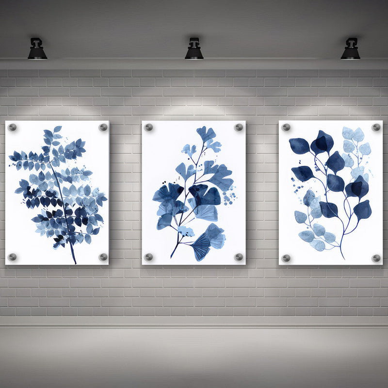 LuxuryStroke's Minimalistic Beautiful Floral Painting, Beautiful Flower Blue Paintingand Floral Painting Acrylic - Botanical Art - Set of 3 Blue Floral Art Paintings