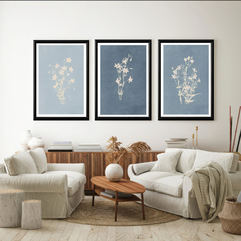 LuxuryStroke's Minimalistic Beautiful Floral Painting, Beautiful Flower Paintingand Floral Painting Acrylic - Floral Art: Set Of 3 Minimalistic Blue Floral Art Paintings