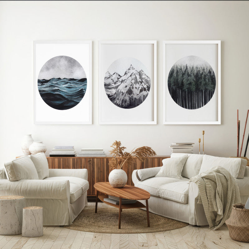 LuxuryStroke's Mountain Landscape Artwork, Nature Painting Landscapeand Acrylic Landscape Painting - Landscape Art - Set Of 3 Captivating Landscape Paintings - Sea, Mountain And Forest