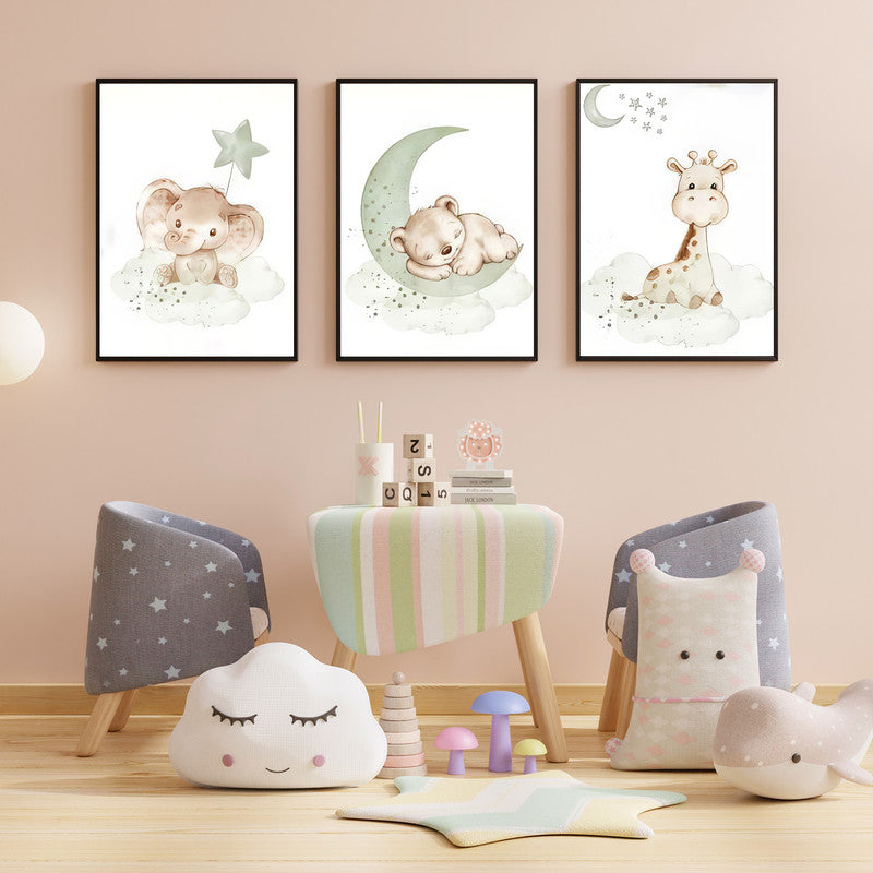 LuxuryStroke's Childrens Bedroom Wall Pictures, Nursery Animal Wall Artand Nursery Canvas Wall Art - Baby Bear, Elephant And Giraffe
