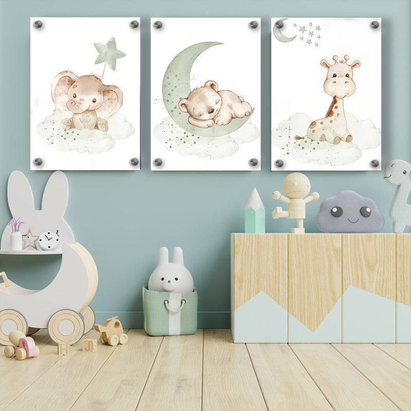 LuxuryStroke's Childrens Bedroom Wall Pictures, Nursery Animal Wall Artand Nursery Canvas Wall Art - Baby Bear, Elephant And Giraffe