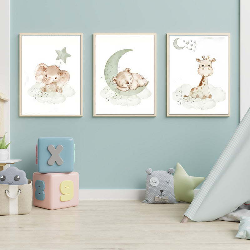 LuxuryStroke's Childrens Bedroom Wall Pictures, Nursery Animal Wall Artand Nursery Canvas Wall Art - Baby Bear, Elephant And Giraffe