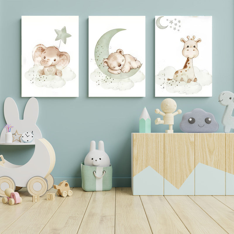 LuxuryStroke's Childrens Bedroom Wall Pictures, Nursery Animal Wall Artand Nursery Canvas Wall Art - Baby Bear, Elephant And Giraffe