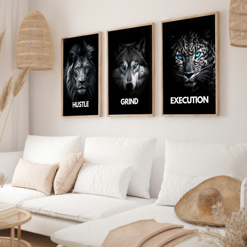 LuxuryStroke's Motivation Paintings With Quotes, Motivation Painting Quotesand Painting Motivational Quotes - Motivational Art - Hustle,Grind, Execution - Set Of 3 Paintings