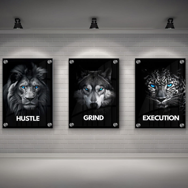 LuxuryStroke's Motivation Paintings With Quotes, Motivation Painting Quotesand Painting Motivational Quotes - Motivational Art - Hustle,Grind, Execution - Set Of 3 Paintings