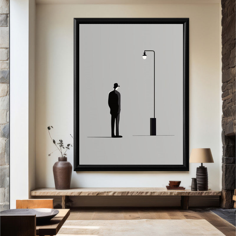 LuxuryStroke's Black And White Abstract Art, Black And White Modern Artand Minimalist Black And White Art - Urban Solitude: Monochrome Artistry With Hat-Wearing Man Under Streetlight