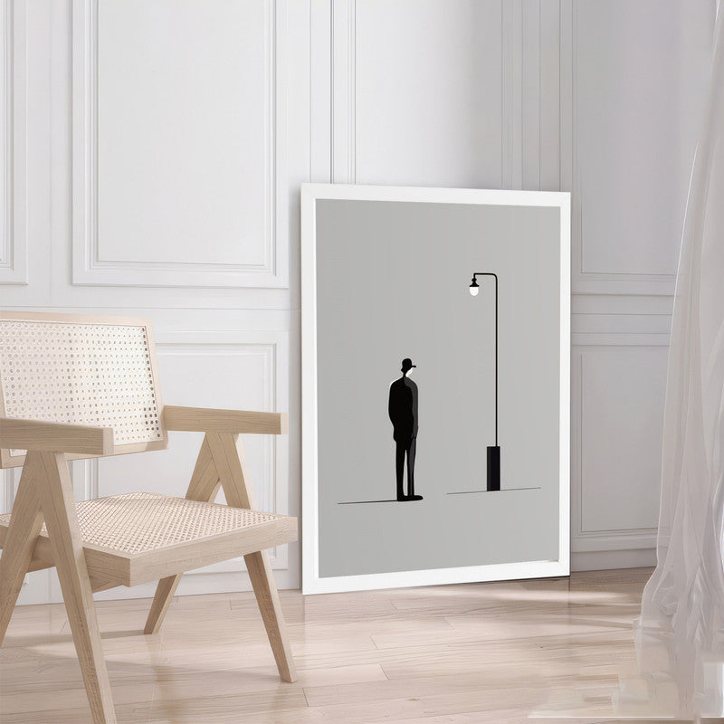 LuxuryStroke's Black And White Abstract Art, Black And White Modern Artand Minimalist Black And White Art - Urban Solitude: Monochrome Artistry With Hat-Wearing Man Under Streetlight