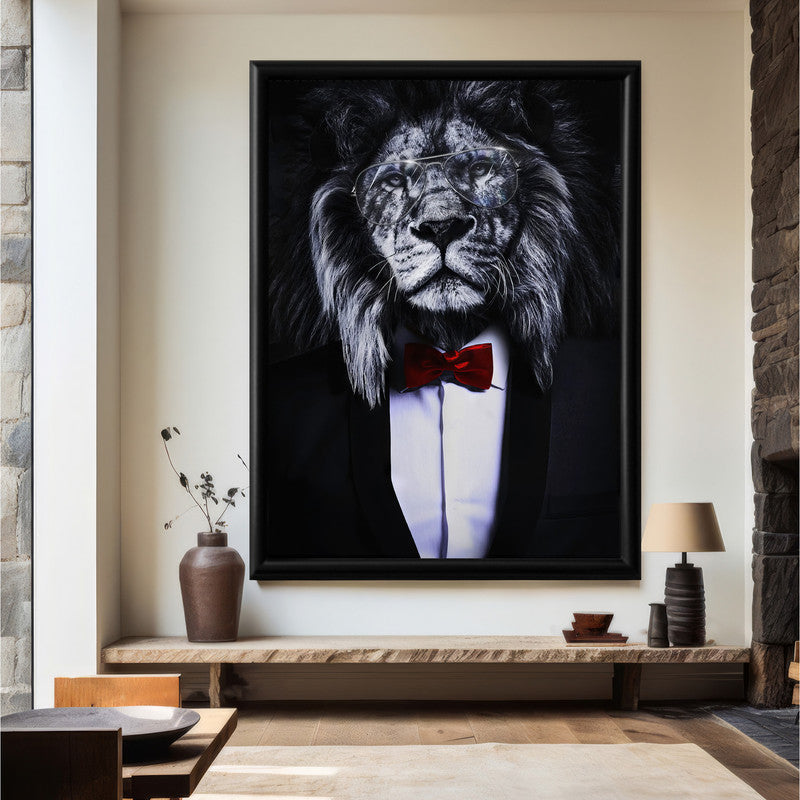 LuxuryStroke's Acrylic Lion Painting, Black And White Modern Artand Minimalist Black And White Art - Regal Elegance: Lion In Suit Wall Art Painting
