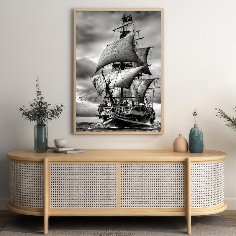 LuxuryStroke's Boat Art Black And White Abstract Art, Black And White Modern Artand Black And White Abstract Art - Black & White Odyssey: Boat Under Stormy Skies Painting