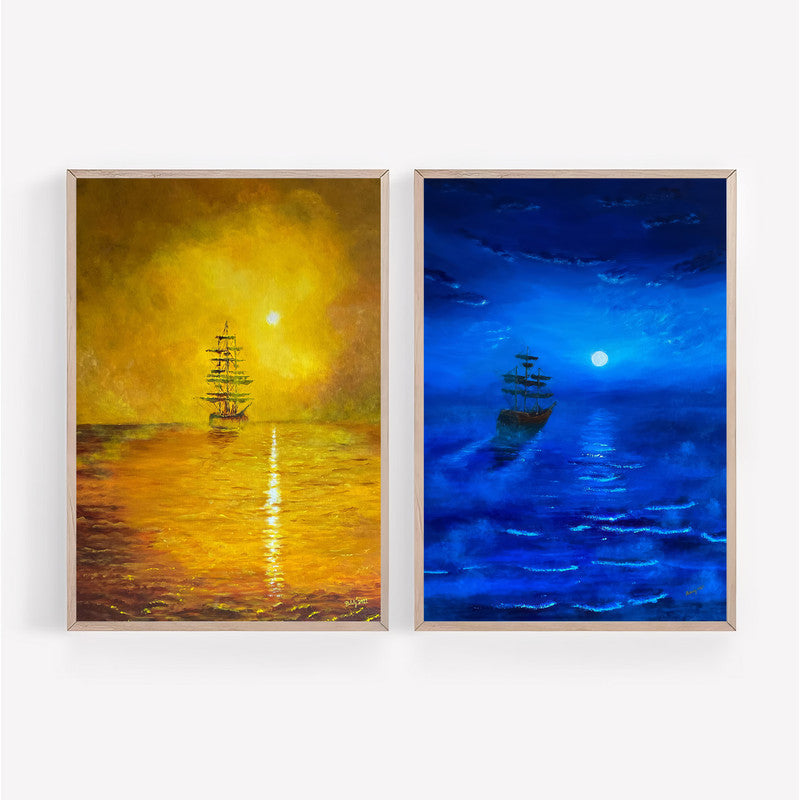 LuxuryStroke's Landscape Art Watercolor, Landscape Painting Artworkand Landscape Painting Nature - Premium Minimalistic Ship Art: Set of 2 Paintings