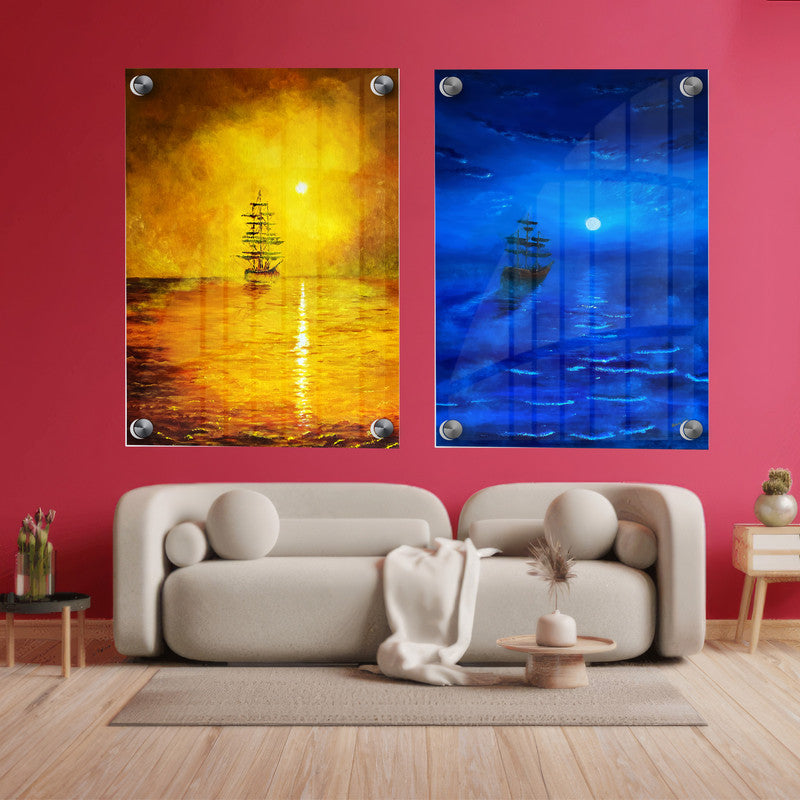 LuxuryStroke's Landscape Art Watercolor, Landscape Painting Artworkand Landscape Painting Nature - Premium Minimalistic Ship Art: Set of 2 Paintings