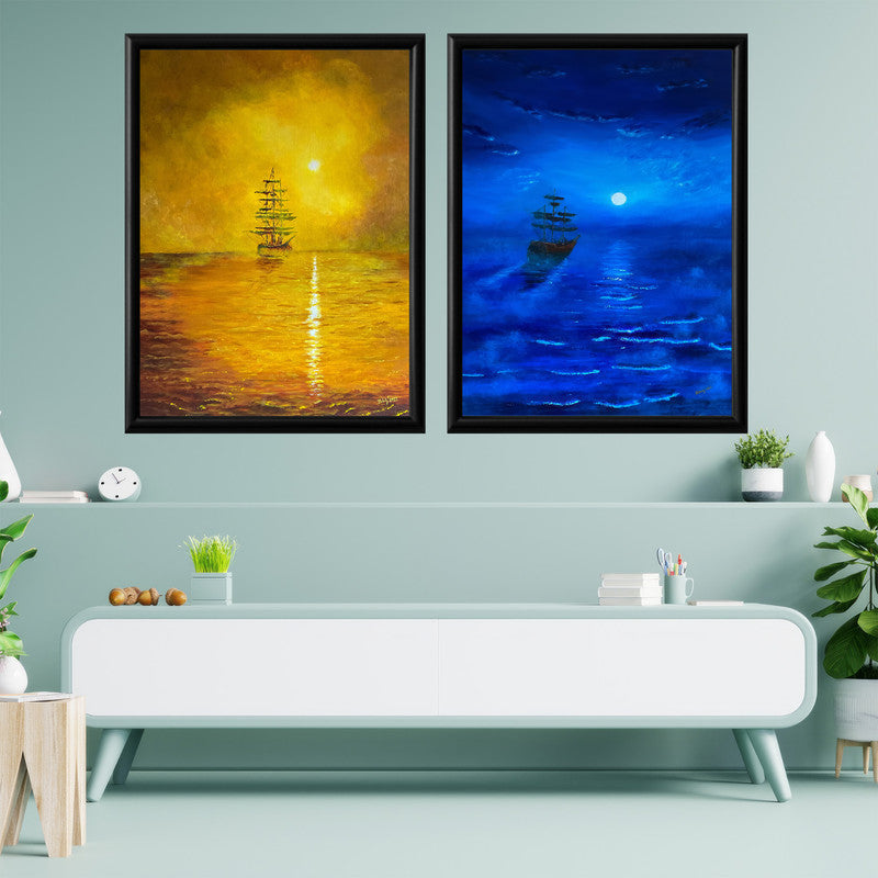 LuxuryStroke's Landscape Art Watercolor, Landscape Painting Artworkand Landscape Painting Nature - Premium Minimalistic Ship Art: Set of 2 Paintings