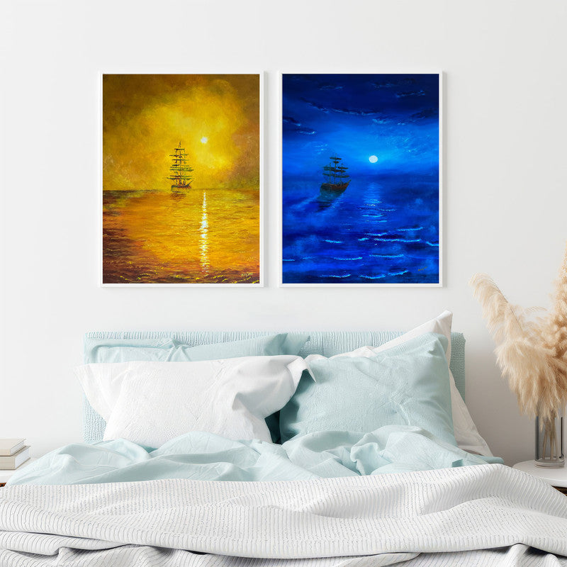 LuxuryStroke's Landscape Art Watercolor, Landscape Painting Artworkand Landscape Painting Nature - Premium Minimalistic Ship Art: Set of 2 Paintings