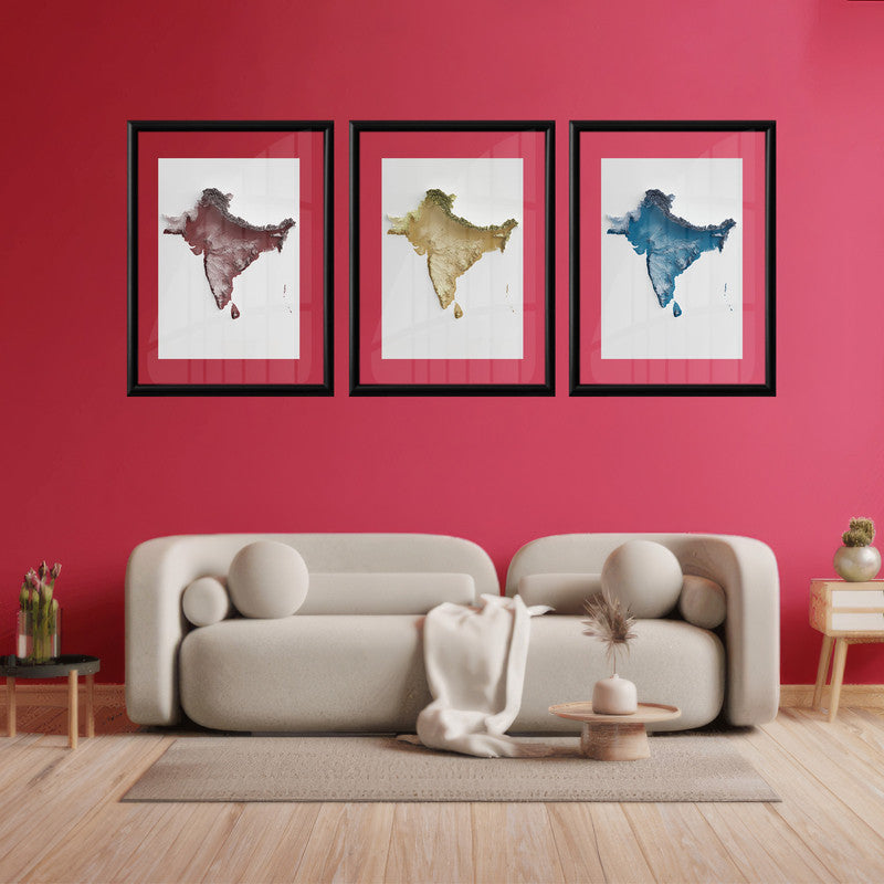 LuxuryStroke's India Map Landscape Art, Acrylic Landscape Paintingand Beautiful Landscape Art - Aesthetic India Maps - Set of 3 Wall Art
